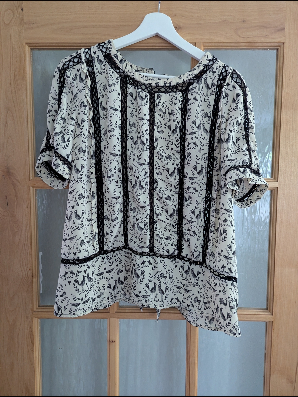 Meadow Rue Cream and Black Floral Lace-Trim Short Sleeve Top